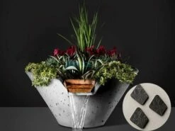 Slick Rock Concrete 29" Conical Cascade Water Bowl + Planter | Onyx | Stainless Steel Scupper | KCC29CSCSS-ONYX