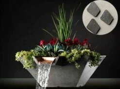 Slick Rock Concrete 34" Square Cascade Water Bowl + Planter | Gray | Stainless Steel Scupper | KCC34SSCSS-GRAY