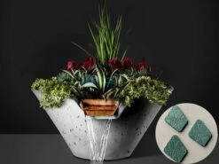 Slick Rock Concrete 34" Conical Cascade Water Bowl + Planter | Seafoam | Copper Scupper | KCC34CSCC-SEAFOAM